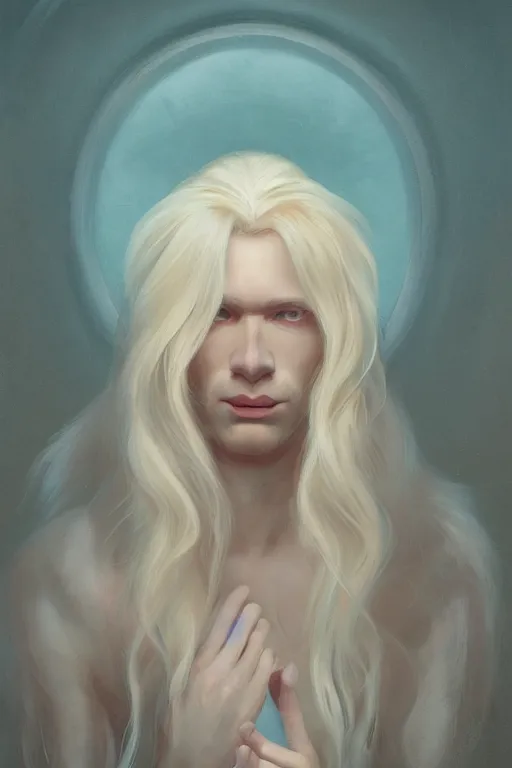 Image similar to prompt portrait of a beautiful androgynous blond man, albino pale white skin and long fluffy curly blond hair, Center parted curtain bangs, close up view, head and upper body, looking upward, fullface, light from above, by Peter Mohrbacher, trending on artstation, 8k