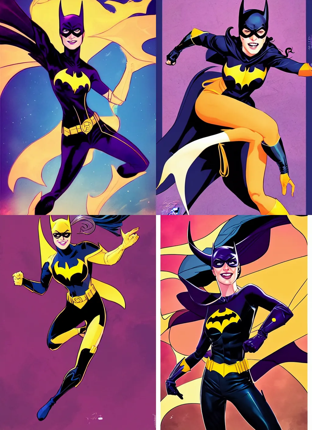 Prompt: in the style of Joshua Middleton comicbook cover art, Batgirl, action pose, smile