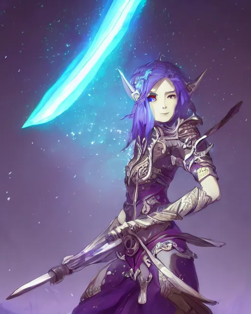 Prompt: a female warrior holding one single blue glowing sword walking in a cake full of purple glowing crystals. Atmospheric lighting, adventurous, elven. By Makoto Shinkai, Stanley Artgerm Lau, WLOP, Rossdraws, James Jean, Andrei Riabovitchev, Marc Simonetti, krenz cushart, Sakimichan, trending on ArtStation, digital art.