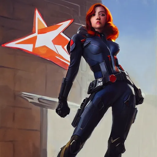 Image similar to greg manchess portrait painting of fully armored cap america aka black widow as overwatch character, medium shot, asymmetrical, profile picture, organic painting, sunny day, matte painting, bold shapes, hard edges, street art, trending on artstation, by huang guangjian and gil elvgren and sachin teng