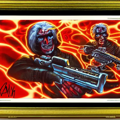 Image similar to high fantasy 1 9 8 0's wargame airbrushed artwork, an american senator overcome by dark mysterious energy, red glowing evil possessed eyes, waving a chrome revolver