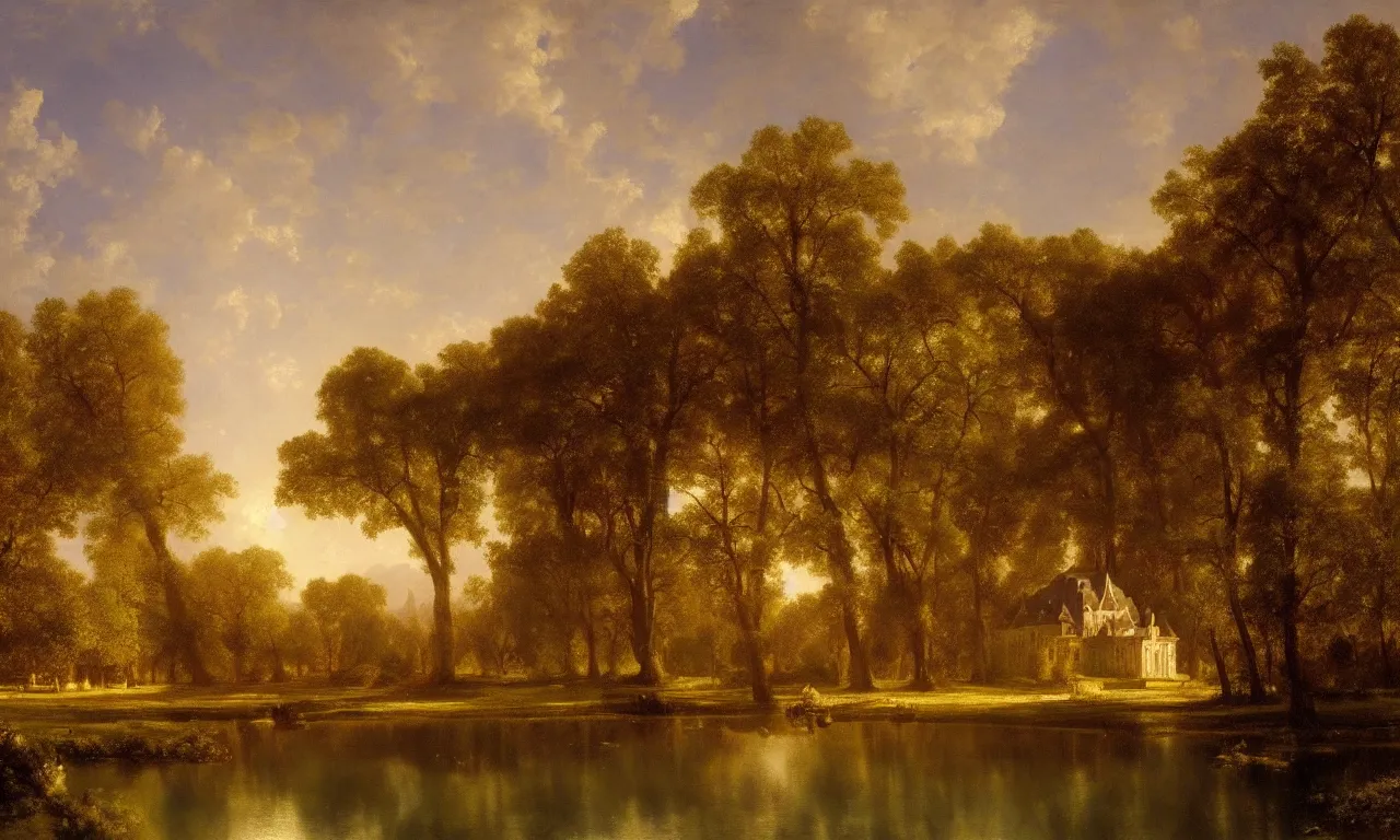 Image similar to beautiful illustration of chateau in a serene landscape, by albert bierstadt, magic realism, narrative realism, beautiful matte painting, heavenly lighting, retrowave, 4 k hd wallpaper