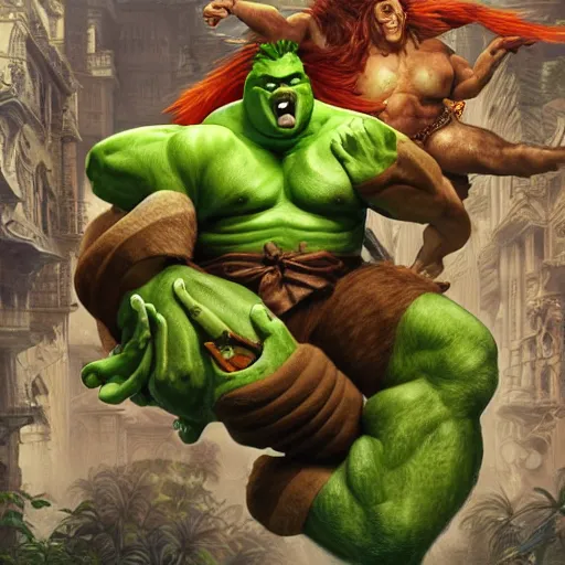 Image similar to chris farley as blanka from street fighter with green skin and orange body hair, flexing, ultra realistic, concept art, intricate details, eerie, highly detailed, photorealistic, octane render, 8 k, unreal engine. art by artgerm and greg rutkowski and magali villeneuve and alphonse mucha