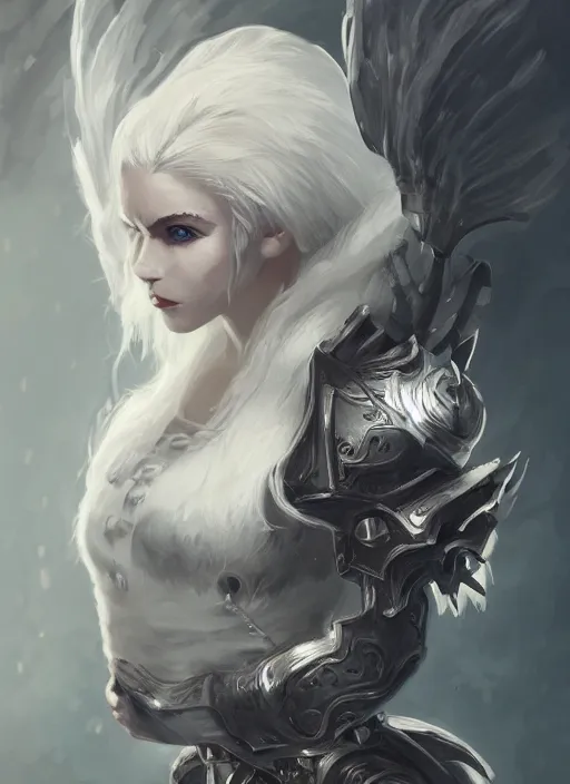 Image similar to a highly detailed illustration of white haired pale lady wearing dieselpunk armor dress with iron wings and blindfold, dramatic floating pose, intricate, elegant, highly detailed, centered, digital painting, artstation, concept art, smooth, sharp focus, league of legends concept art, wlop