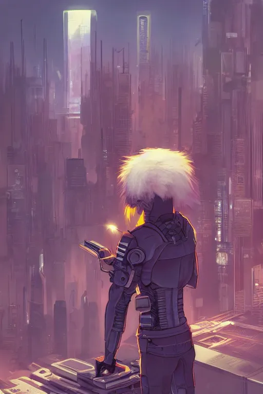 Image similar to a cyberpunk anthropomorphic fox with a fluffy tail staring over a futuristic city from the top of a roof, comic art, trending on furaffinity, cyberpunk, backlighting, cartoon, by kawacy