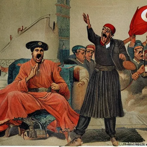 Image similar to a Propaganda image of a Tunisian man screaming at the Ottoman Sultan,