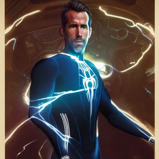 Image similar to ryan reynolds as a black and blue suit spider - man, cinematic, volumetric lighting, f 8 aperture, cinematic eastman 5 3 8 4 film, photorealistic by greg rutkowski, by stanley artgerm, by alphonse mucha