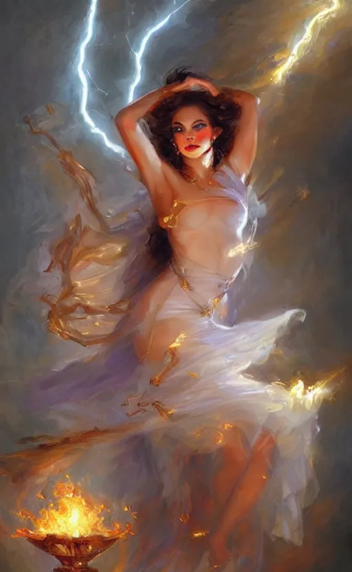 Prompt: Lightning goddessl. by Konstantin Razumov, horror scene, highly detailded