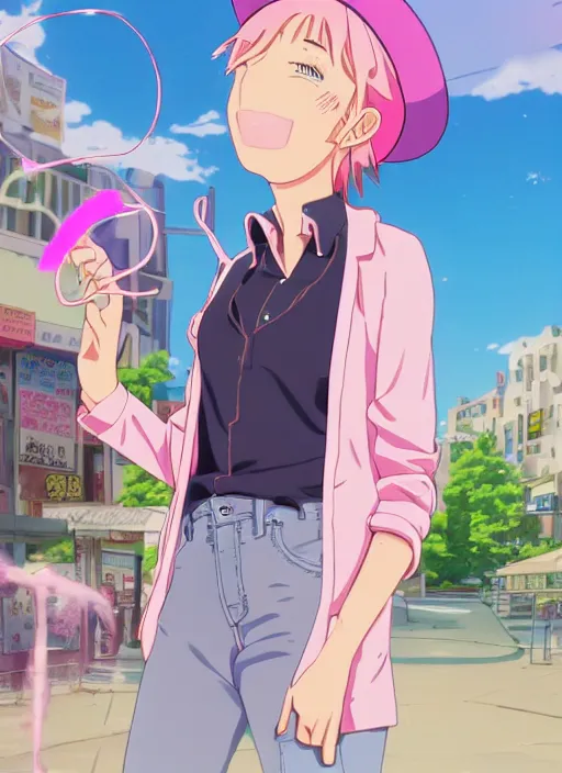 Image similar to a young woman, with a wavy short pink hair and pink fedora hat, wearing a light pink jacket with a dark blue tie, purple gloves and blue jeans shorts and white shoes. She is holding blue neon strings tied on her hand, rich vivid colors, ambient lighting, dynamic lighting, 4k, official media, anime key visual, makoto shinkai, ilya kuvshinov, lois van baarle, rossdraws, detailed, trending on artstation