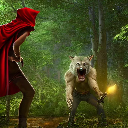 Image similar to portrait of a cute and beautiful, smirking heavily armed little red riding hood, getting attacked by a werewolf from behind in a lush green forest, sharp focus, unreal engine 5, digital illustration, volumetric light, highly detailed, intricate, by michael whelan, james gurney, 8 k