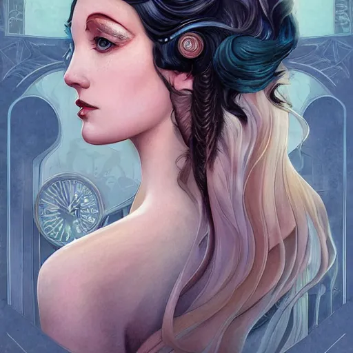 Image similar to an art nouveau, ( streamline moderne ), multi - racial portrait in the style of anna dittmann and charlie bowater and loish. very large, clear, expressive, and intelligent eyes. centered, ultrasharp focus, dramatic lighting, photorealistic digital matte painting, intricate symmetrical ultra detailed background.