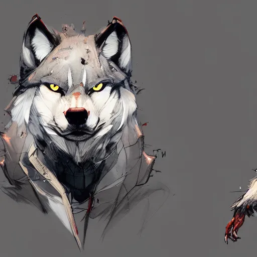 Image similar to concept art of anthropomorphized wolf, highly detailed painting by dustin nguyen, akihiko yoshida, greg tocchini, 4 k, trending on artstation, 8 k