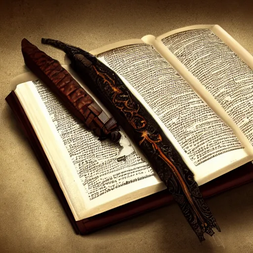 Prompt: a medium shot of a closed book sitting on a desk, the cover is ornately carved leather, beside the book is an ancient scroll, dark, single light, vignette, magic, fantasy, concept art, artstation, octane render, 4 k