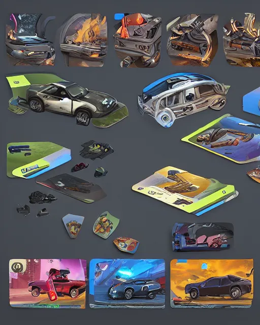 Image similar to car engine car parts concept art, cards, comic page, realistic fortnite, ui cards