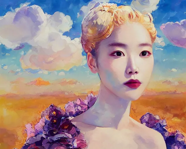 Image similar to lee jin - eun in elegant chic interstellar dress emerging from gold gold by martine johanna, michael garmash and katsuhiro otomo, rule of thirds, seductive look, beautiful, cotton candy clouds, puyallup berteronian, himalayan poppy flowers, gorgeous, face anatomy, refined, masterpiece