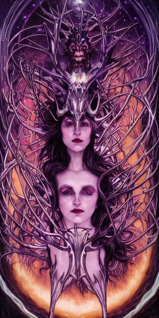 Image similar to intense roaring glowing black metal pagan god with antlers and veins and intense glowing eyes in very dark cosmic space by karol bak and artgerm and alphonse mucha, portrait, fantasy, clear, light beams, lens flare, intense, uhd, amazing depth, cinematic lighting, purple and violet and indigo and blue