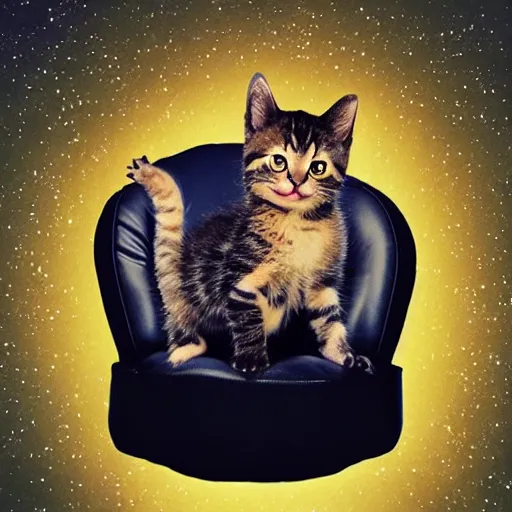 Prompt: a kitten wearing a cape floating through space surrounded by floating recliner chairs, galaxies, dramatic lighting, stars, suns, spirals