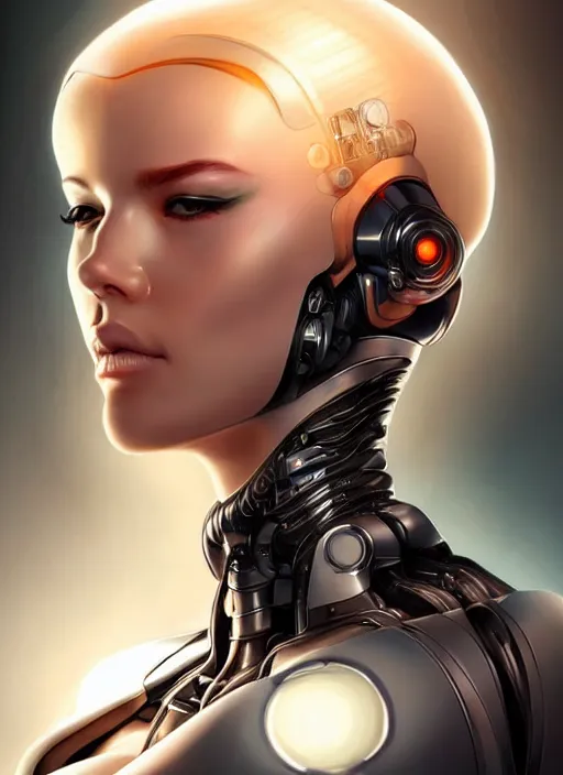 Image similar to portrait of a cyborg woman who turns her head to the right (((((left))))) by Artgerm,eyes closed , biomechanical, hyper detailled, trending on artstation