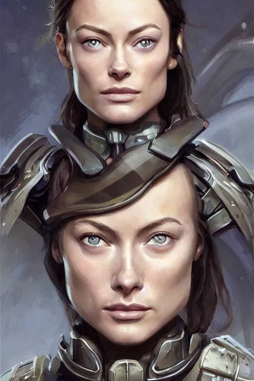 Image similar to a professional painting of a young Olivia Wilde, clothes in military armor, olive skin, long dark hair, beautiful bone structure, symmetrical facial features, intricate, elegant, digital painting, concept art, smooth, sharp focus, illustration, from StarCraft by Ruan Jia and Mandy Jurgens and Artgerm and William-Adolphe Bouguerea