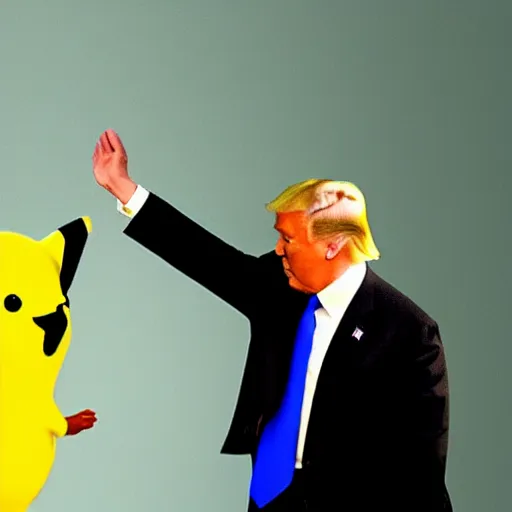 Prompt: a hyper realistic digital still of Donald Trump and Pikachu high fiving , 8k, realistic photo