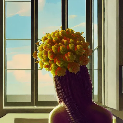 Image similar to closeup, giant flower head, woman next to modern windows, luxury apartment, surreal photography, dramatic light, impressionist painting, digital painting, artstation, james gilleard