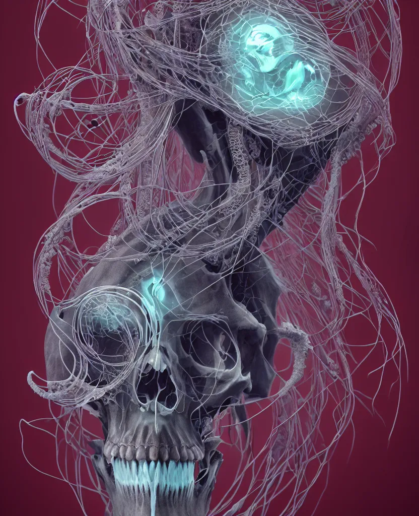 Image similar to symmetry!! goddess close - up portrait human skeleton, ram skull, squid phoenix jellyfish, orchid, betta fish, bioluminiscent, intricate artwork by tooth wu and wlop and beeple. octane render, trending on artstation, greg rutkowski very coherent symmetrical artwork. cinematic, hyper realism, high detail, octane render, 8 k