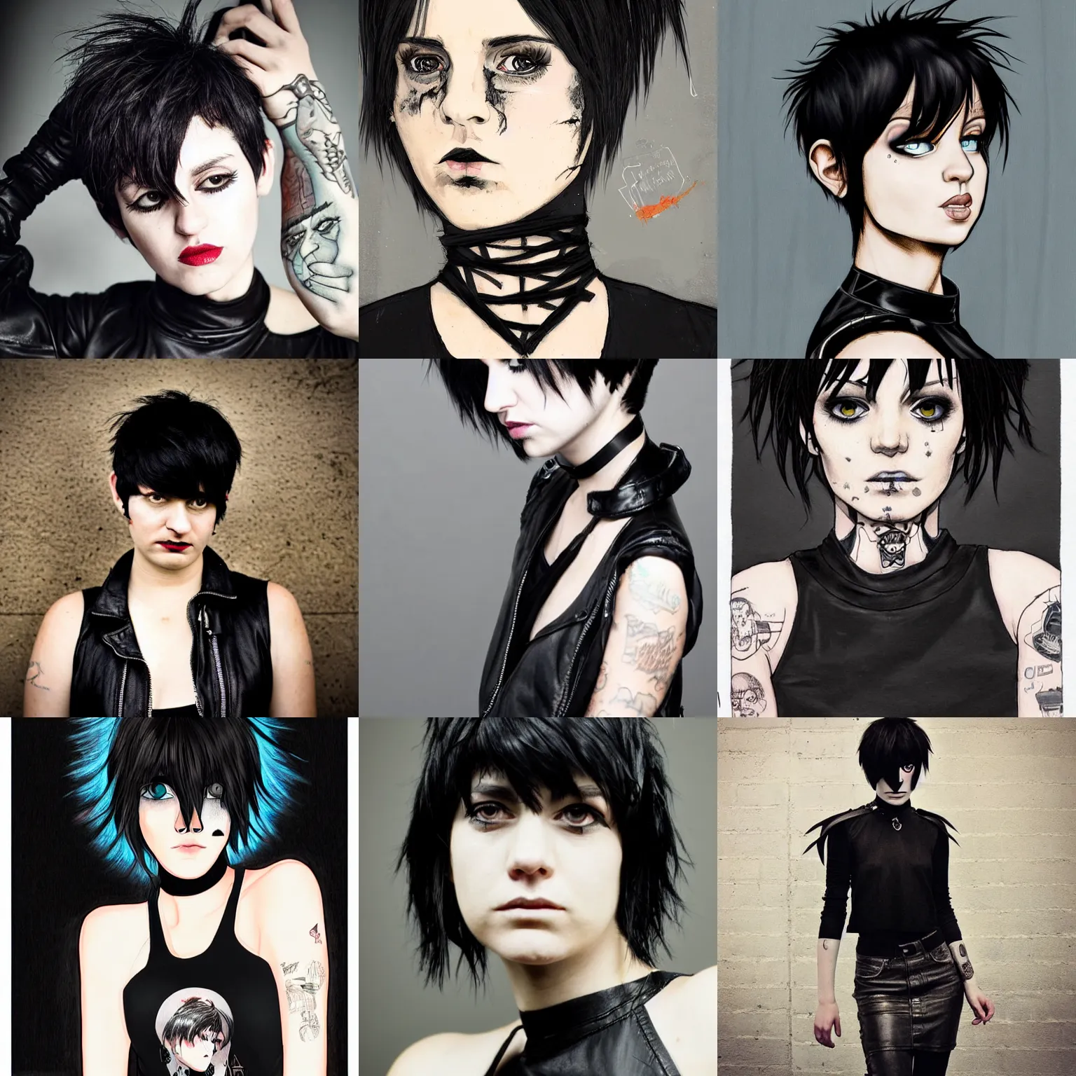 Prompt: an emo portrait by josan gonzalez. her hair is dark brown and cut into a short, messy pixie cut. she has a slightly rounded face, with a pointed chin, large entirely - black eyes, and a small nose. she is wearing a black tank top, a black leather jacket, a black knee - length skirt, a black choker, and black leather boots.