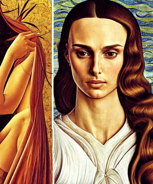 Image similar to Nathalie portman portrait by Sandro Botticelli and Moebius, 3/4 view, amber eyes, beautiful face, appealing long hair, fantasy, intricate, elegant, highly detailed, smooth, sharp focus, oil painted illustration by Sandro Botticelli and Moebius