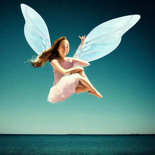 Prompt: flying fairy with wings timidly tipping toe into the center of a lake