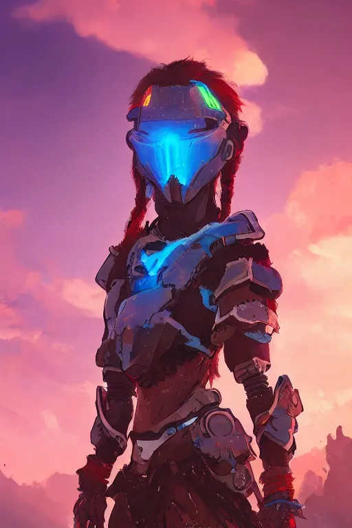 Image similar to combination suit armor aloy horizon forbidden west horizon zero dawn radiating a glowing aura global illumination ray tracing hdr fanart arstation by ian pesty and alena aenami artworks in 4 k tribal robot ninja mask helmet backpack