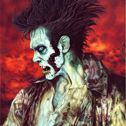 Image similar to UHD photorealistic Zombie Elvis, by Ayami Kojima, Amano, Karol Bak, Mark Brooks, tonalism, rich deep colors. Beksinski painting, art by Adrian Ghenie and Gerhard Richter. art by Takato Yamamoto. masterpiece