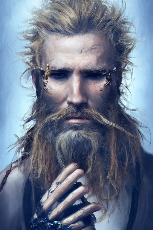 Image similar to blonde wild hair beard man, pirate eye - patch, playing guitare, close - up portrait, powerfull, intricate, elegant, volumetric lighting, scenery, digital painting, highly detailed, artstation, sharp focus, illustration, concept art, ruan jia, steve mccurry