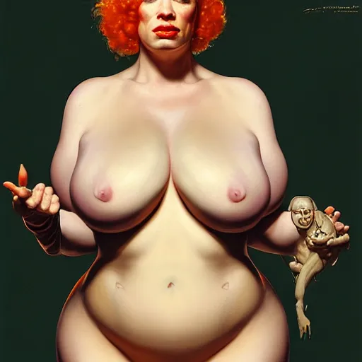 Image similar to upper body portrait of christina hendricks as baron harkonnen in a black oil bath by norman rockwell and boris vallejo, artstation, concept creature character art