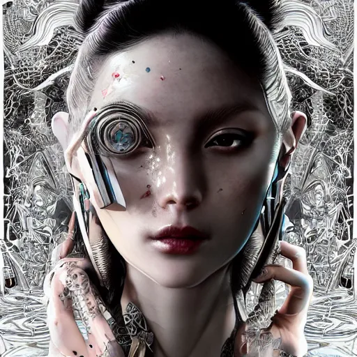 Prompt: the portrait of an absurdly beautiful, graceful, elegant, sophisticated, fashionable cyberpunk gravure idol, an ultrafine hyperdetailed illustration by kim jung gi, irakli nadar, takato yamamoto, intricate linework, bright colors, porcelain skin, unreal engine 5 highly rendered, cgsociety, fractal background, global illumination, radiant light, detailed and intricate environment