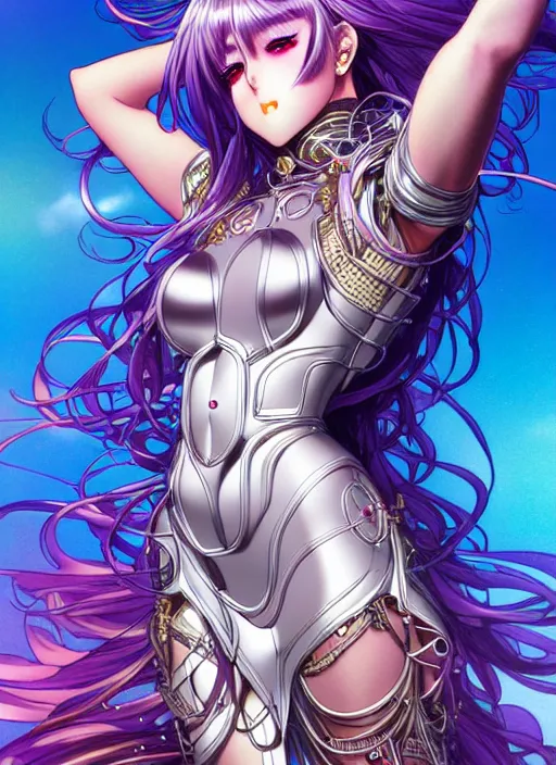 Image similar to highly detailed artgerm artstation manga poster of girl mechine, hajime sorayama, rainbow gradient bloom, long hair, armor, dress, laces, ruffles, 8 k, maximalist, alphonse mucha