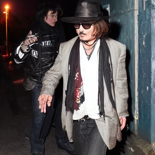 Prompt: johnny depp stumbling out of a bar at 3 am