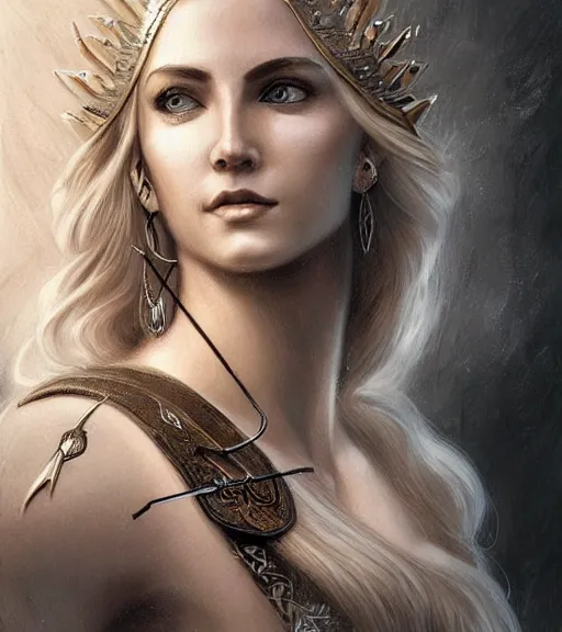 Prompt: portrait of very beautiful aphrodite goddess as an archer, arrow crown, beautiful piercing eyes, flowing blonde hair, realistic face, black and white drawing, in the style of greg rutkowski, fantasy, amazing detail, epic, intricate, elegant, smooth, sharp focus