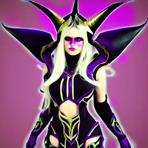 Image similar to Syndra from League of Legends. Horned helmet covering eyes. Purple and black magic outfit. Floating woman