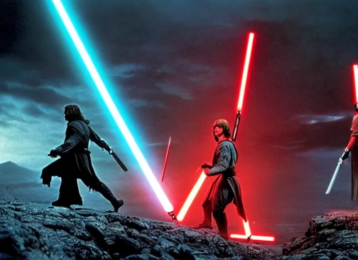 Image similar to Brutal combat Aragorn vs Luke Skywalker. Film still. Aragorn on the left side and Luke Skywalker with red light saber on the right side in the middle earth near broken X-wing ship, high detail