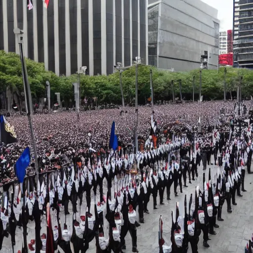 Prompt: army march in infinitia square in front of infinian de gowyernmentıa in government center during mother's day, anime