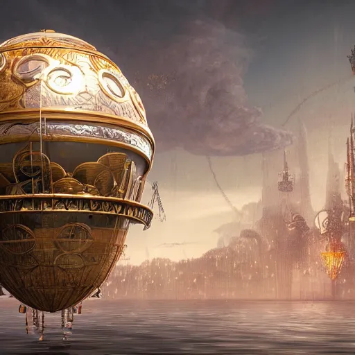 Image similar to enormous floating city in a faberge egg, sky, steampunk, fantasy art, unreal engine,