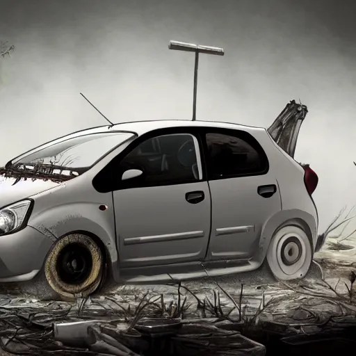 Prompt: a 2010 grey Nissan Micra in a post-apocalyptic environment, trending on ArtStation