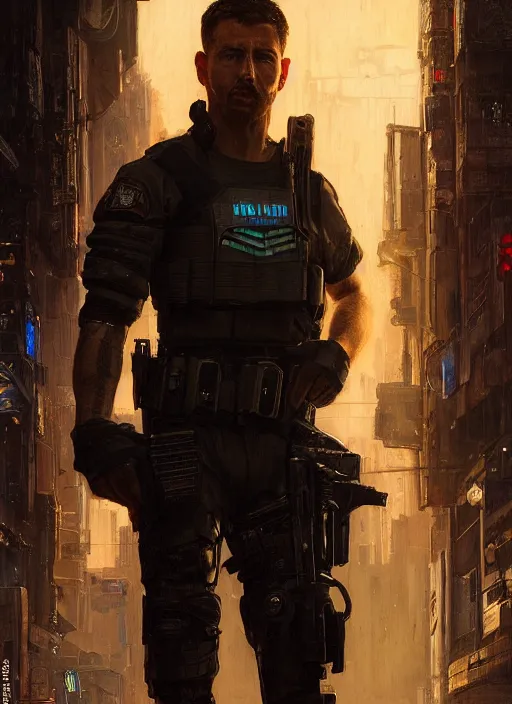 Image similar to 🧗. cyberpunk police trooper in a military vest ( blade runner 2 0 4 9, cyberpunk 2 0 7 7 ). orientalist portrait by john william waterhouse and james gurney and theodore ralli and nasreddine dinet, oil on canvas. cinematic, hyper realism, realistic proportions, dramatic lighting, high detail 4 k