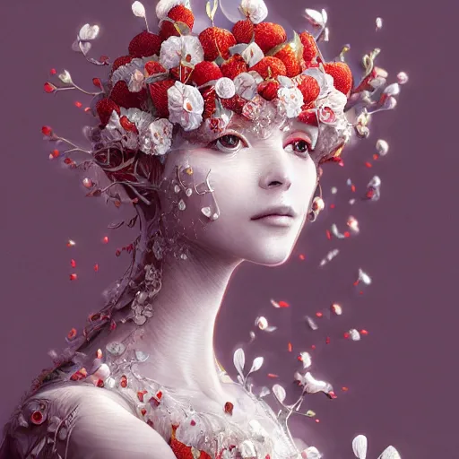 Image similar to the portrait of an absurdly beautiful, graceful, elegant, sophisticated, fashionable young woman made of strawberries and white petals looking down, an ultrafine hyperdetailed illustration by kim jung gi, irakli nadar, intricate linework, bright colors, octopath traveler, final fantasy, unreal engine 5 highly rendered, global illumination, radiant light, detailed and intricate environment