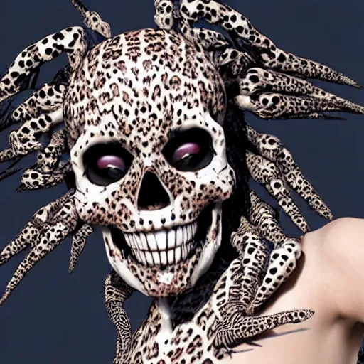 Prompt: Skull that look too much like skull!, an 8k CG character rendering of a spider-like hunting female on its back, fangs extended, wearing a leopard-patterned dress, set against a white background, with textured hair and skin.