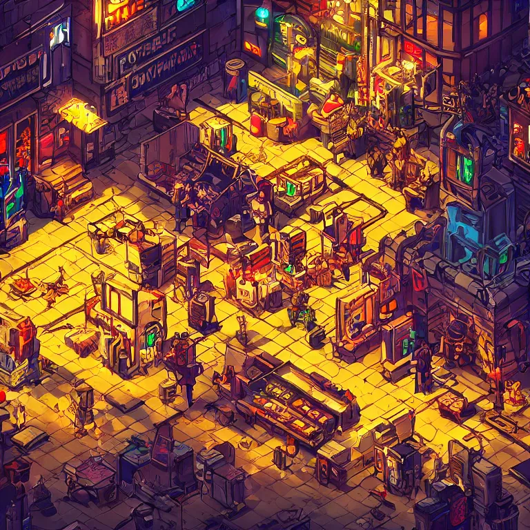 Image similar to fantastic lighting, pixel art, high detail, cyberpunk market, 2 d