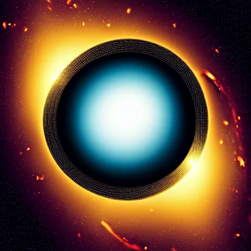 Image similar to a highly detailed artwork of a black hole inside a golden dodecahedron wireframe structure, deep blue and cyan nebula background