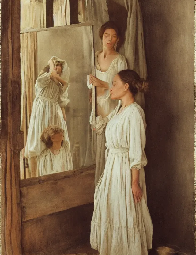 Image similar to peasant trying dress in front of a mirror, on a village, Cinematic focus, Polaroid photo, vintage, neutral colors, soft lights, foggy, by Steve Hanks, by Serov Valentin, by lisa yuskavage, by Andrei Tarkovsky 8k render, detailed, oil on canvas