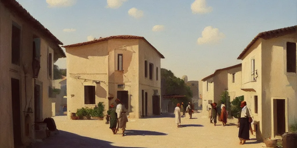 Image similar to a beautiful painting of a mediterranean fishing village in summer by peter ilsted, whitewashed housed, cypress trees, cyan shutters on windows, trending and featured on artstation and behance, people walking down a street