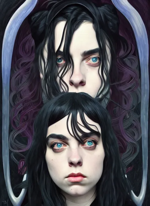 Prompt: Billie Eilish with two demon horns, noir, highly detailed, digital painting, artstation, concept art, sharp focus, illustration, art by Alphonse Mucha and Ian Sprigger and Edmund Bliar Leighton